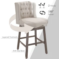 HOMCOM Bar Height Bar Stools Set of 2, 180 Degree Swivel Barstools with Solid Wood Footrests and Button Tufted Design, 30" Seat Height Bar Chairs for Kitchen Island, Beige(m-5)