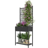 Outsunny Outdoor Wicker Planter with Trellis for Climbing Plants, Freestanding Rattan Garden Box with Storage Shelf, Black(m-1)