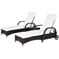 Outsunny Wicker Outdoor Chaise Lounge Chair Set of 3 with Side Table, 5-Level Adjustable Backrest PE Rattan Pool Lounge Chair with Wheels, Cushion & Headrest, Brown and Cream White(m-11)