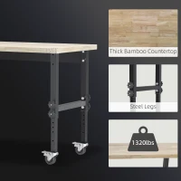 HOMCOM 47.25" Work Bench with Height Adjustable Legs, Bamboo Tabletop Workstation Tool Table on Wheels for Garage, Weight Capacity 1320 Lbs, Black/Natural(m-6)