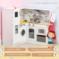 Qaba Corner Play Kitchen Set with Sound Effects and Tons of Countertop Space, Large Wooden Kitchen with Washing Machine, Food Toys, Ice Maker, Kids Kitchen, Ages 3-6, White(m-6)