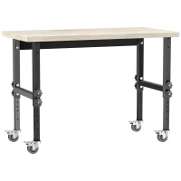 HOMCOM 47.25" Work Bench with Height Adjustable Legs, Bamboo Tabletop Workstation Tool Table on Wheels for Garage, Weight Capacity 1320 Lbs, Black/Natural(m-1)