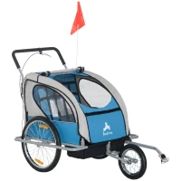 Aosom Elite Three-Wheel Bike Trailer for Kids Bicycle Cart for Two Children with 2 Security Harnesses & Storage, Blue(m-11)