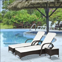 Outsunny Wicker Outdoor Chaise Lounge Chair Set of 3 with Side Table, 5-Level Adjustable Backrest PE Rattan Pool Lounge Chair with Wheels, Cushion & Headrest, Brown and Cream White(m-2)