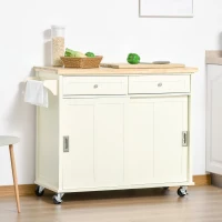 HOMCOM 43" Rolling Kitchen Island, Kitchen Storage Cart on Wheels with Sliding Doors, Cabinet, 2 Drawers, and Towel Rack, Cream White(m-10)