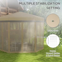 Outsunny 12'x12' Pop Up Canopy, Hexagon Gazebo with Netting, Carry Bag, Height Adjustable Instant Shelter, Khaki(m-6)