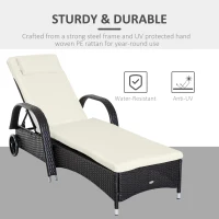 Outsunny Wicker Outdoor Chaise Lounge, 5-Level Adjustable Backrest PE Rattan Pool Lounge Chair with Wheels, Cushion & Headrest, Dark Coffee and Cream White(m-4)