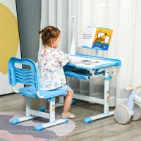 Qaba Kids Desk and Chair Set Height Adjustable Student Writing Desk Children School Study Table with Tilt Desktop, LED Lamp, Pen Box, Drawer, Reading Board, Cup Holder, Blue(m-1)