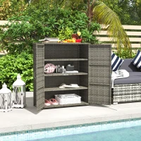 Outsunny Rattan Wicker Outdoor Storage Cabinet with 4 Shelves and 2 Doors for Garden Pool Towel Storage, Mixed Gray(m-2)