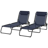 Outsunny 2 PCs Folding Lounge Chair, Adjustable Chaise Lounge with Headrest, Reclining Lounger Cot for Camping, Hiking, Dark Blue(m-2)