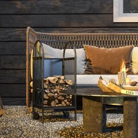 Outsunny 15" Outdoor Firewood Rack with Wheels and Tools, Heavy Duty Wood Storage Stacker, Indoor Outdoor Log Rack, Black(m-8)