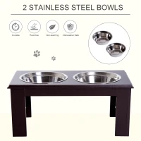 PawHut 10" Height Dog Feeding Station for Messy Pets, Stainless Steel Elevated Dog Bowls with Modern Wooden Frame, Dog Food Stand Pet Feeding Station, Dark Brown(m-5)