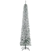 HOMCOM 8' Tall Unlit Slim Pencil Xmas Tree, Snow Flocked Artificial Christmas Tree with Realistic Branches and 603 Tips, Green(m-1)
