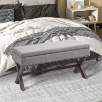HOMCOM 35.75" Storage Ottoman, Upholstered Storage Bench with Hidden Space, Nailhead Trim and X-Shaped Wood Legs, for Living Room, Entryway, Bedroom, Grey(m-2)