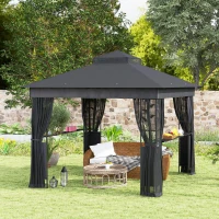 Outsunny 10' x 10' Outdoor Gazebo with Shelves and Netting, UV30+ Double Roof Patio Gazebo for Lawn, Backyard and Deck(m-9)