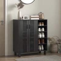 HOMCOM Shoe Storage with Double Doors and Open Shelves 17 Pair Shoe Storage Organizer for Entryway Hallway Black(m-8)