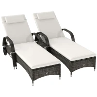 Outsunny 2 Reclining Chaise Lounge Chairs, Rolling Outdoor Chairs with Cushion, Pillow, Headrest, Armrests, and Wheels, Cream(m-1)