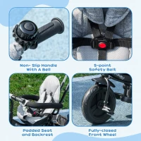 Qaba 6 in 1 Toddler Tricycle Stroller with Basket, Canopy, 5-point Safety Harness, for 12-60 Months, Grey(m-7)