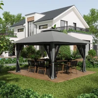 Outsunny 13' x 13' Pop Up Canopy, 2-Tier Roof Easy up Tent Shelter with Nettings Carry Bag Weight Bags for Garden, Patio, Grey(m-9)