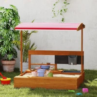 Outsunny Kids Sandbox with Cover Kitchen Playset Toys, Wooden Sand Box with Seat, Storage, for 3-7 Years Old, Red(m-9)