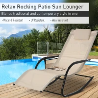 Outsunny Outdoor Rocking Chair, Chaise Lounge Pool Chair for Sun Tanning, Sunbathing, a Rocker with Side Pocket, Armrests & Pillow for Patio, Lawn, Beach, Cream White(m-4)