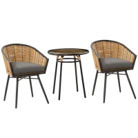 Outsunny 3 Piece Patio Set, Outdoor Bistro Furniture, PE Rattan Wicker Table and Chairs, Cushioned, Barrel Style, Gray(m-11)