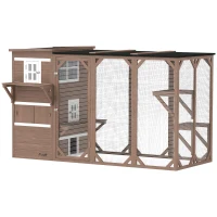 PawHut Wooden Cat Catio, 76"L Walk in Outdoor Cat House with Asphalt Roof, Platforms, Lockable Doors for 2-3 Cats, Brown(m-11)