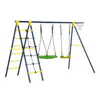Outsunny Kids Metal Swing Set for Backyard, Outdoor Play Equipment, with Saucer Swing Adjustable Swing Seat, Basket Hoop, Climb Ladder, Net, A-Frame Metal Stand, for 3-10 Years Old, Green(m-11)