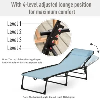 Outsunny Outdoor Folding Lounge Chair, 4-Level Adjustable Chaise Lounge with Headrest, Tanning Chair Beach Bed, Reclining Lounger Cot for Camping, Hiking, Backyard, Light Blue(m-4)