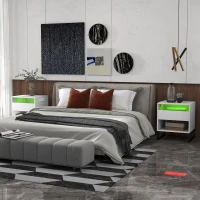 HOMCOM Bedside Table Set of 2, Side End Tables with Charging Station and USB Ports, LED Lights, 19" x 17" x 22", White(m-7)