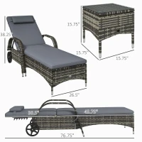 Outsunny Patio Wicker Chaise Lounge Chair Set of 2 with Table, Adjustable Backrest, Wheels, Cushion & Headrest, Gray(m-3)
