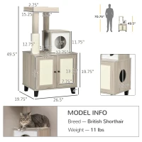 PawHut Cat Litter Box Enclosure Furniture with Cat Tree, Hidden Litter Box with Scratching Post, Bed, Modern Cat House Indoor, Gray(m-3)