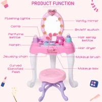Qaba Kids Vanity Table and Chair Beauty Pretend Play Set with Mirror Lights Sounds & Pretend Beauty Makeup Accessories for Girls 3+ Years Old(m-4)