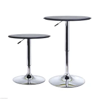 HOMCOM Modern Round Bar Table Adjustment Height Home Pub Bistro Desk Faux Leather Covered Wooden Top Chrome Base Black(m-10)