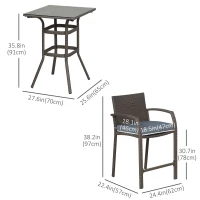 Outsunny 3 Pieces Patio Bar Set Wicker Garden Bistro Set Outdoor Furniture PE Rattan Table and Stools with Seat Cushion, Grey(m-3)
