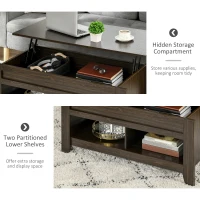 HOMCOM Lift Top Coffee Table with Hidden Storage Compartment and Open Shelves, Lift Tabletop Pop-Up Center Table for Living Room, Dark Walnut(m-5)