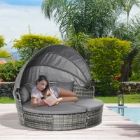 Outsunny 4 Piece Round Rattan Daybed, Convertible Patio Furniture Set, Adjustable Sun Canopy, Sectional Outdoor Sofa, 2 Chairs, Extending Tea Table Ottoman Chair, 3 Pillows, Gray(m-10)