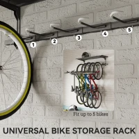 Soozier Bike Storage Rack for 5 Bikes, Wall Mounted Bicycle Rack with Shelf and Adjustable Hooks for Indoor Outdoor Use, Black(m-4)