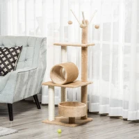 PawHut Cat Tree for Indoor Cats Cat Condo Kitty Tower with Scratching Post, Elevated Fun Cat Beds, Tunnel, Cat String Toys, 16" x 16" x 48", Light Brown(m-10)