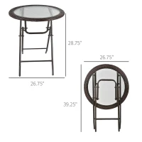 Outsunny 26.8" Dia. (68 Dia. cm) Folding Round Tempered Glass Metal Table with Brown Rattan Edging, Brown(m-3)