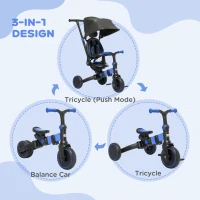 Qaba 3-in-1 Toddler Trike, Push Tricycle, & Balance Bike with Adjustable Settings, Toddler Push Bike, Baby Bike with Shady Canopy, Ages 1.5-4, Blue(m-4)
