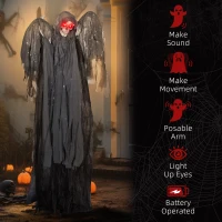 HOMCOM 6.4' Life Size Winged Grim Reaper Outdoor Halloween Decoration Animatronic, Animated Prop w/ Light Up Eyes(m-7)