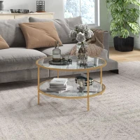 HOMCOM Side Table with Storage, 32" Round End Table, 2-Tier Tempered Glass Coffee Table with Steel Frame for Living Room, Gold(m-10)