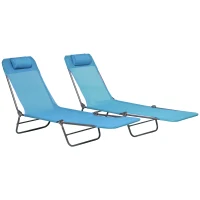 Outsunny 2 Piece Folding Chaise Lounge Chairs, Pool Sun Tanning Chairs with Reclining Back, Breathable Mesh Seat, Headrest for Beach, Yard, Patio, Blue(m-11)