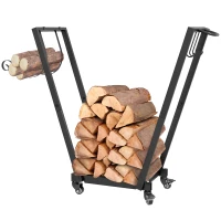 Outsunny Firewood Rack with Wheels, Metal Log Holder with Kindling and Tool Hooks, Indoor/Outdoor, 31.1" x 11.8" x 31.9", Black(m-1)