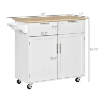 HOMCOM 41" Modern Rolling Kitchen Island on Wheels, Utility Cart Storage Trolley with Rubberwood Top & Drawers, White(m-3)