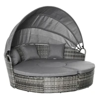 Outsunny 4 Piece Round Rattan Daybed, Convertible Patio Furniture Set, Adjustable Sun Canopy, Sectional Outdoor Sofa, 2 Chairs, Extending Tea Table Ottoman Chair, 3 Pillows, Gray(m-11)