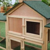 PawHut Large Rabbit Hutch Wood Bunny Cage Outdoor Guinea Pig House with Double Runs Slide Out Tray Ramps, 83"x18"x33", Natural(m-9)