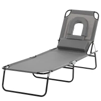 Outsunny Adjustable Outdoor Lounge Chair, Garden Folding Chaise Lounge with Face Hole Reclining Tanning Chair Seat, Folding Camping Beach Lounging Bed w/ Support Pillow, Grey(m-12)