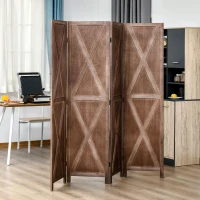 HOMCOM 4-panel Wall Partition Farmhouse Room Separator with Foldable Design Wooden Frame 5.6FT, Walnut(m-7)